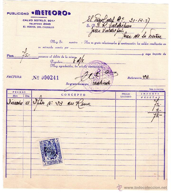 Old Invoices: FACTURA DE PUBLICIDAD METEORO. EL FERROL DEL CAUDILLO (GALICIA). 1957.