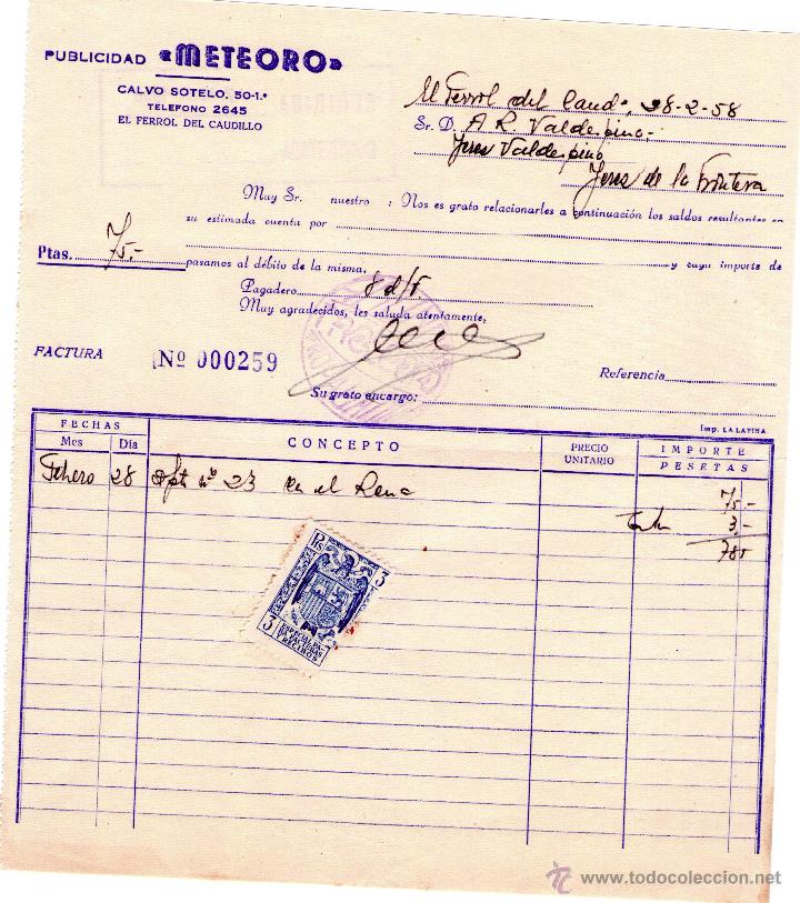 Old Invoices: FACTURA DE PUBLICIDAD METEORO. EL FERROL DEL CAUDILLO (GALICIA). 1958.