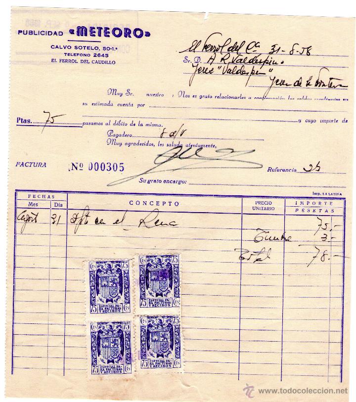 Old Invoices: FACTURA DE PUBLICIDAD METEORO. EL FERROL DEL CAUDILLO (GALICIA). 1958.