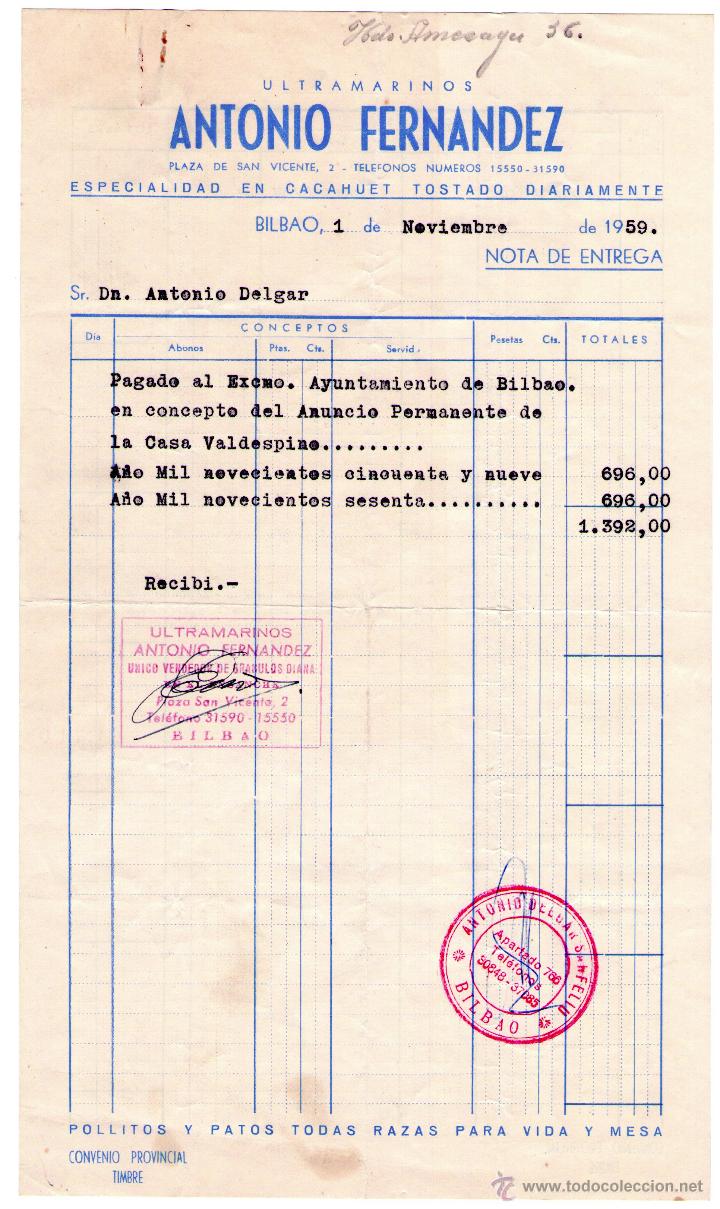 Old Invoices: FACTURA DE ANTONIO FERNANDEZ. ULTRAMARINOS. ESPECIALIDAD EN CACAHUET TOSTADO. BILBAO (ESPA&Ntilde;A). 1959.