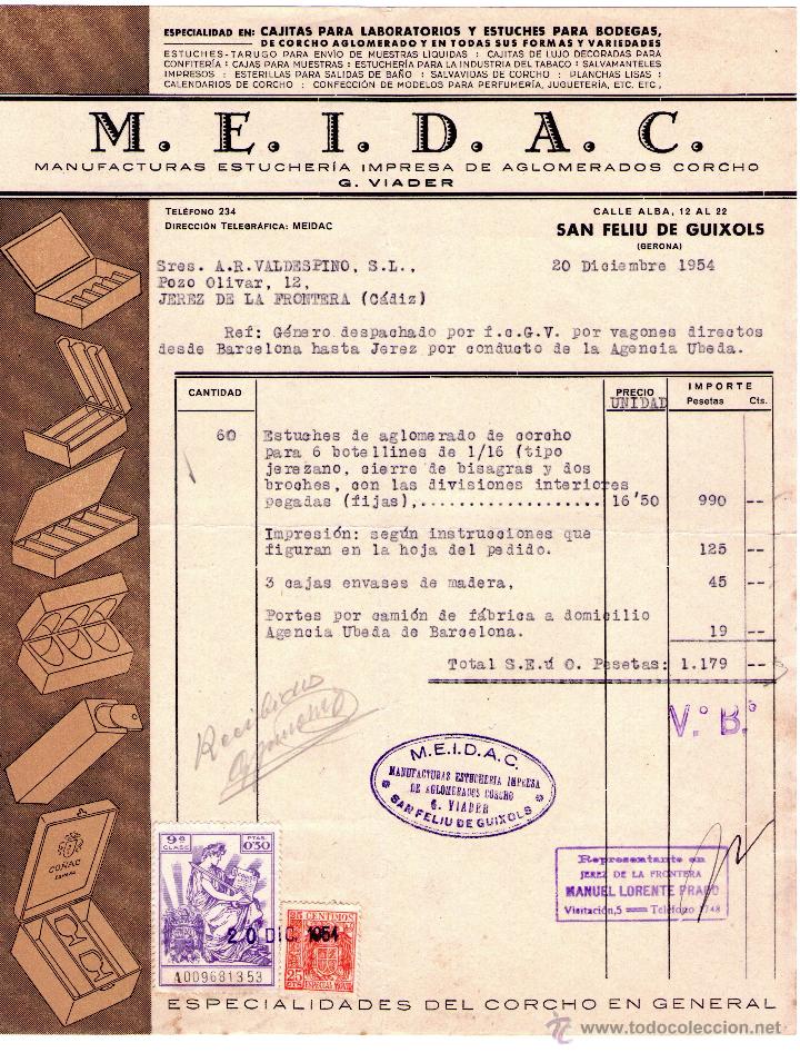 Old Invoices: FACTURA DE MANUFACTURAS ESTUCHER&Iacute;A IMPRESA DE AGLOMERADOS CORCHO (M.E.I.D.A.C). GERONA. 1954.