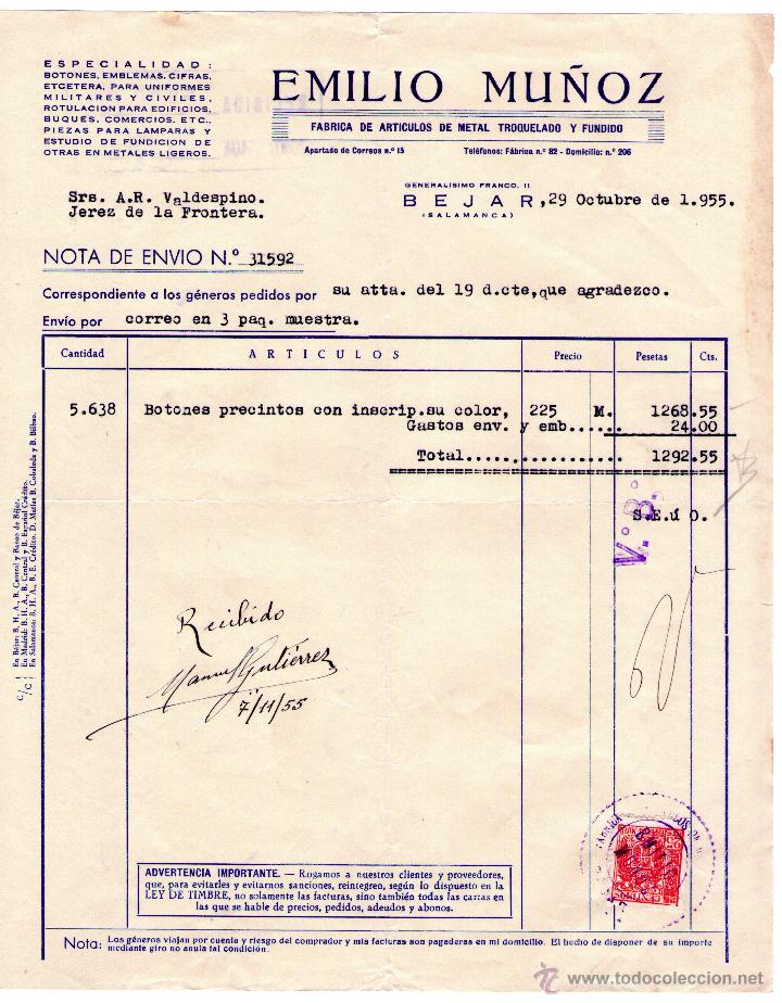 Facturas antiguas: FACTURA DE EMILIO MU&Ntilde;OZ.FABRICA DE ARTICULOS DE METAL TROQUELADO Y FUNDIDO. BEJAR (SALAMANCA). 1924.