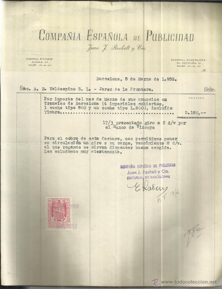 Old Invoices: FACTURA DE JUAN J. ROCHELT Y C&ordf;. COMPA&Ntilde;&Iacute;A ESPA&Ntilde;OLA DE PUBLICIDAD. BARCELONA. 1953