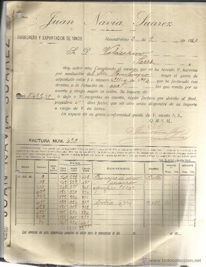 Old Invoices: FACTURA DE JUAN NAVIA SU&Aacute;REZ. COSECHERO Y EXPORTADOR DE VINOS. ALMENDRALEJO. BADAJOZ. 1920