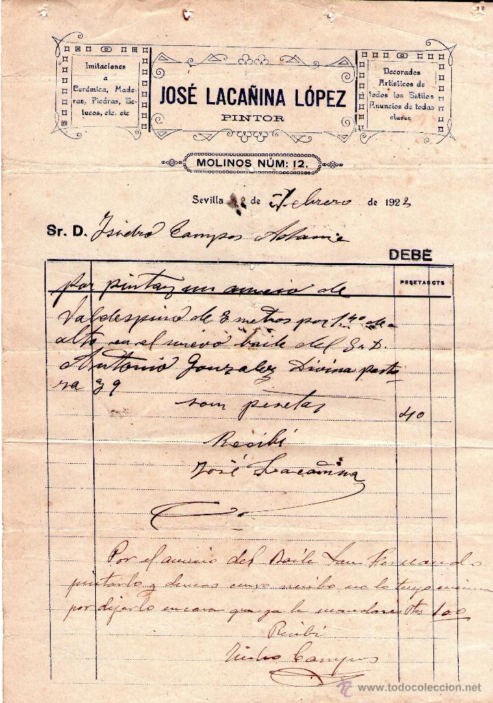 Old Invoices: FACTURA DE JOS&Eacute; LACA&Ntilde;INA L&Oacute;PEZ. PINTOR. SEVILLA. 1922.