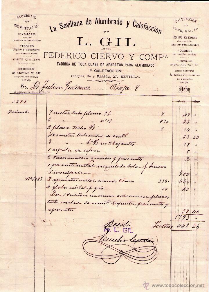 Old Invoices: FACTURA DE LA SEVILLANA DE ALUMBRADO Y CALEFACCI&Oacute;N DE L. GILL ANTES DE FEDERICO CIERVO. SEVILLA.1888