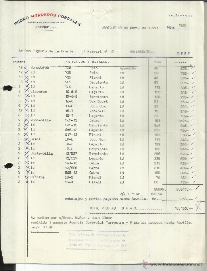 Factures anciennes: FACTURA DE PEDRO HERRERO CORRALES. &Uacute;BRIQUE. C&Aacute;DIZ. 1971