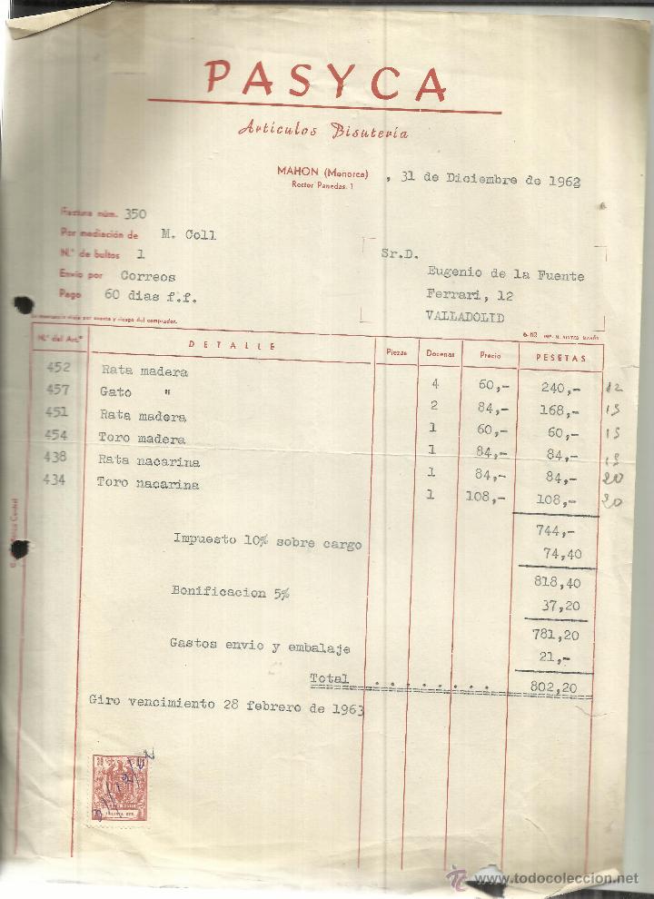 Factures anciennes: FACTURA DE PASYCA. ART&Iacute;CULOS BISUTER&Iacute;A. MAH&Oacute;N. MENORCA. 1962