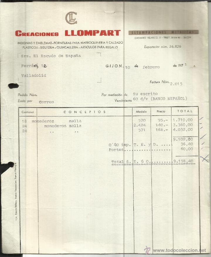 Factures anciennes: FACTURA DE CREACIONES LLOMPART. ESTAMPACIONES MET&Aacute;LICAS. GIJ&Oacute;N. 1971
