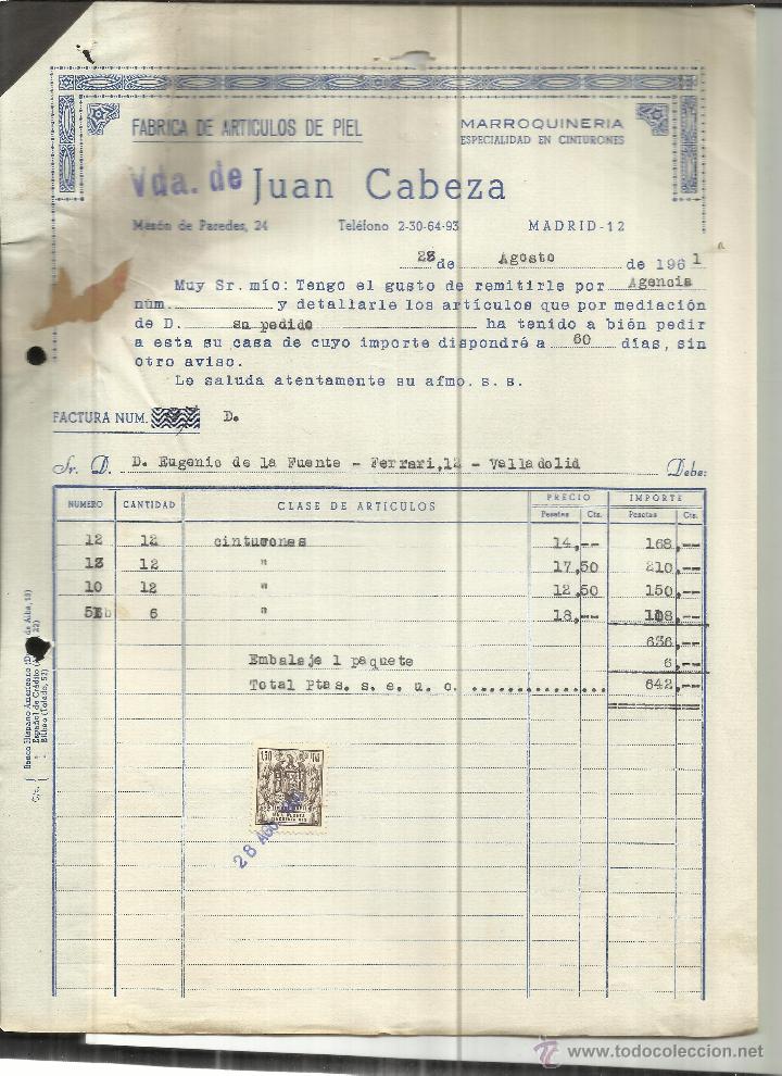 Old Invoices: FACTURA DE VIUDA DE JUAN CABEZA. F&Aacute;BRICA DE ART&Iacute;CULOS DE PIEL. MADRID. 1961