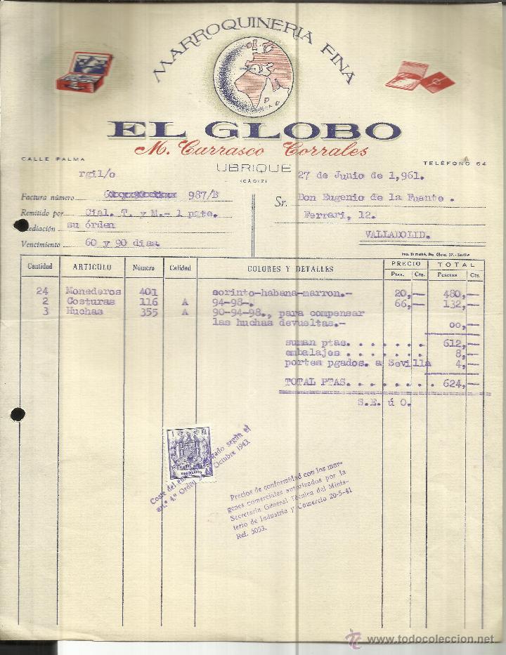 Old Invoices: FACTURA DE M. CARRASCO CORRALES. MARROQUINERIA FINA. UBRIQUE. C&Aacute;DIZ. 1961