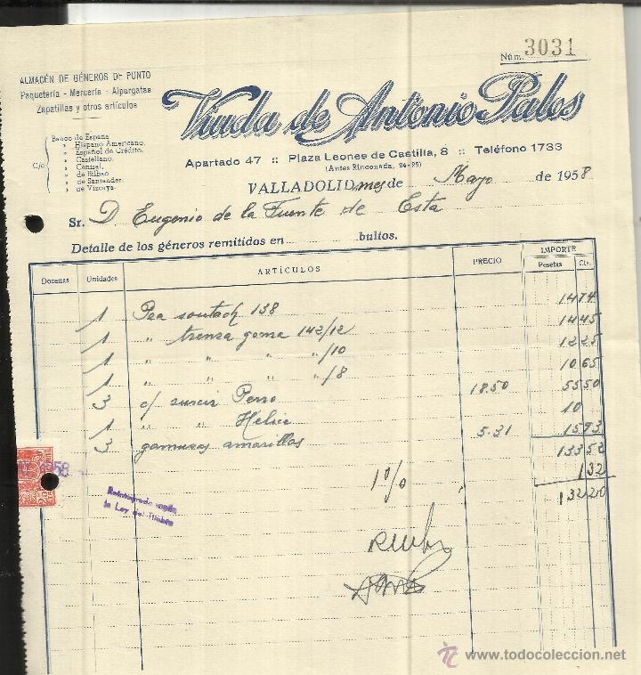Old Invoices: FACTURA DE VIUDA DE ANTONIO PALOS. VALLADOLID. 1958