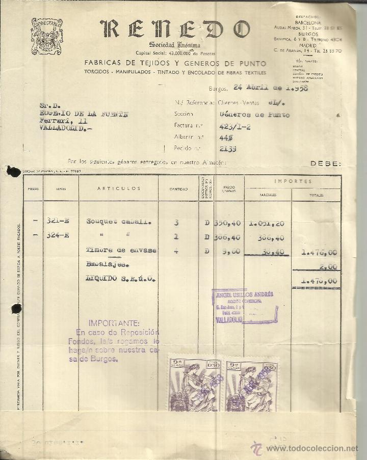 Old Invoices: FACTURA DE RENEDO S.A. F&Aacute;BRICA DE TEJIDOS Y G&Eacute;NEROS DE PUNTO. BURGOS. 1958