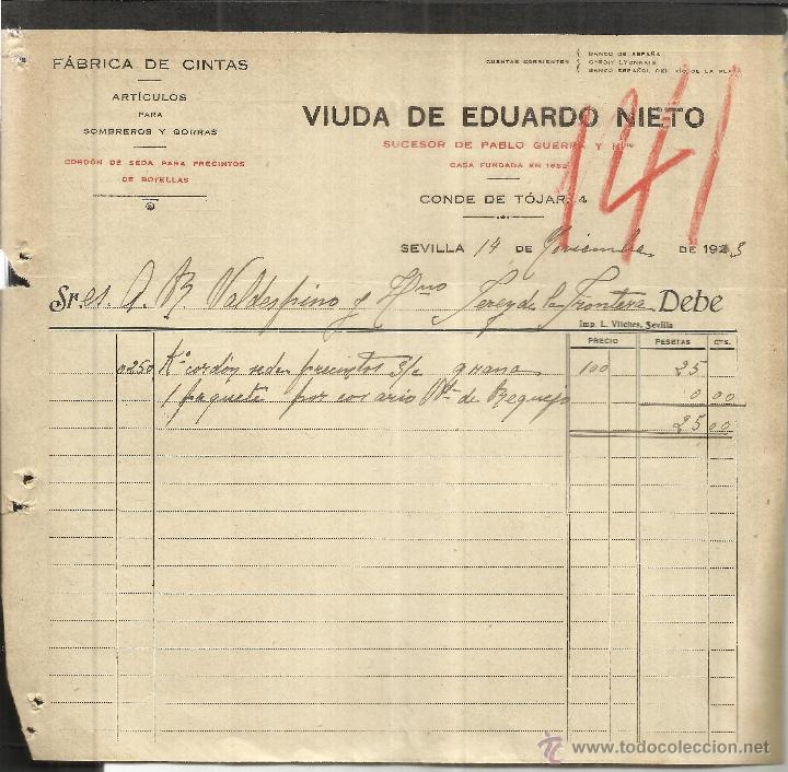 Old Invoices: FACTURA DE VIUDA DE EDUARDO NIETO. SUCESOR DE PABLO GUERRA. SEVILLA. 1923
