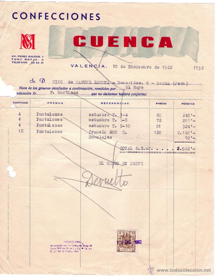 Factures anciennes: FACTURA DE CONFECCIONES CUENCA. VALENCIA. 1962.