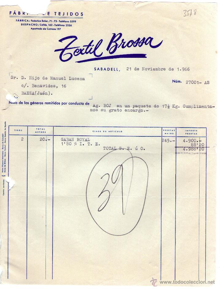 Factures anciennes: FACTURA DE TEXTIL BROSSA. F&Aacute;BRICA DE TEJIDOS. SABADELL. 1966.