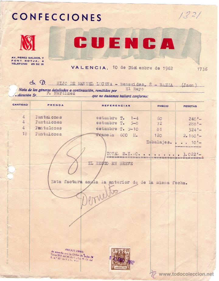 Factures anciennes: FACTURA DE CONFECCIONES CUENCA. VALENCIA. 1962.