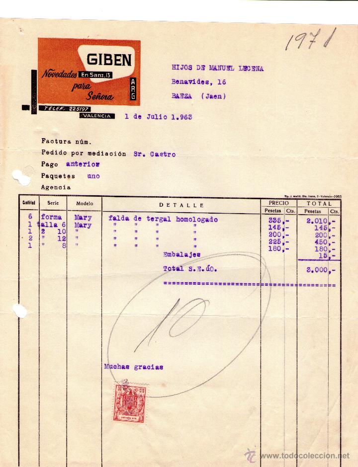 Factures anciennes: FACTURA DE GIBEN NOVEDADES PARA SE&Ntilde;ORA.  VALENCIA. 1963.