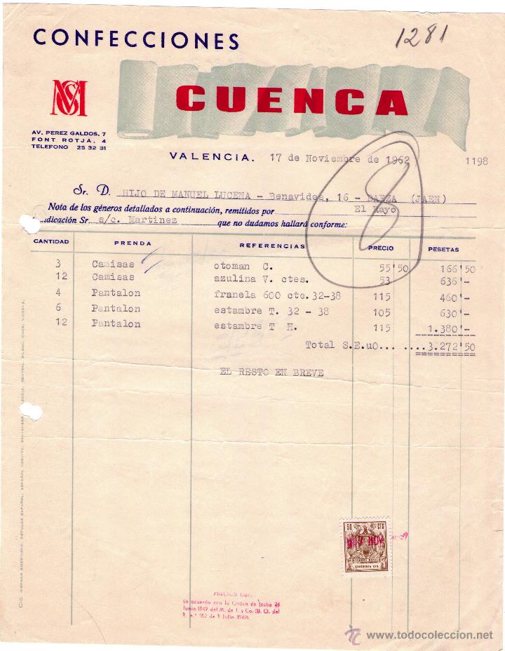 Factures anciennes: FACTURA DE CONFECCIONES CUENCA. VALENCIA. 1962.