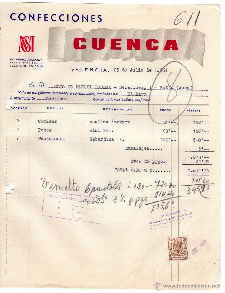 Factures anciennes: FACTURA DE CONFECCIONES CUENCA. VALENCIA. 1961.