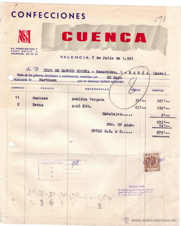 Factures anciennes: FACTURA DE CONFECCIONES CUENCA. VALENCIA. 1961.
