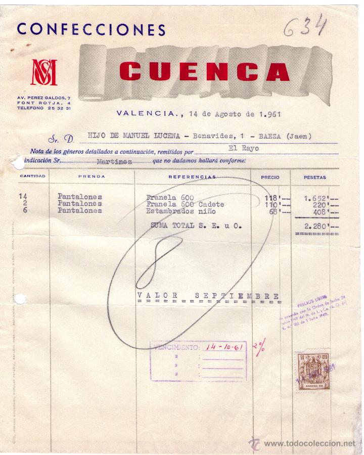 Factures anciennes: FACTURA DE CONFECCIONES CUENCA. VALENCIA. 1961.