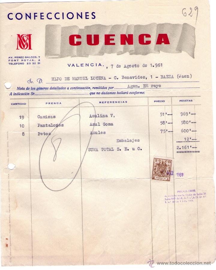 Factures anciennes: FACTURA DE CONFECCIONES CUENCA. VALENCIA. 1961.