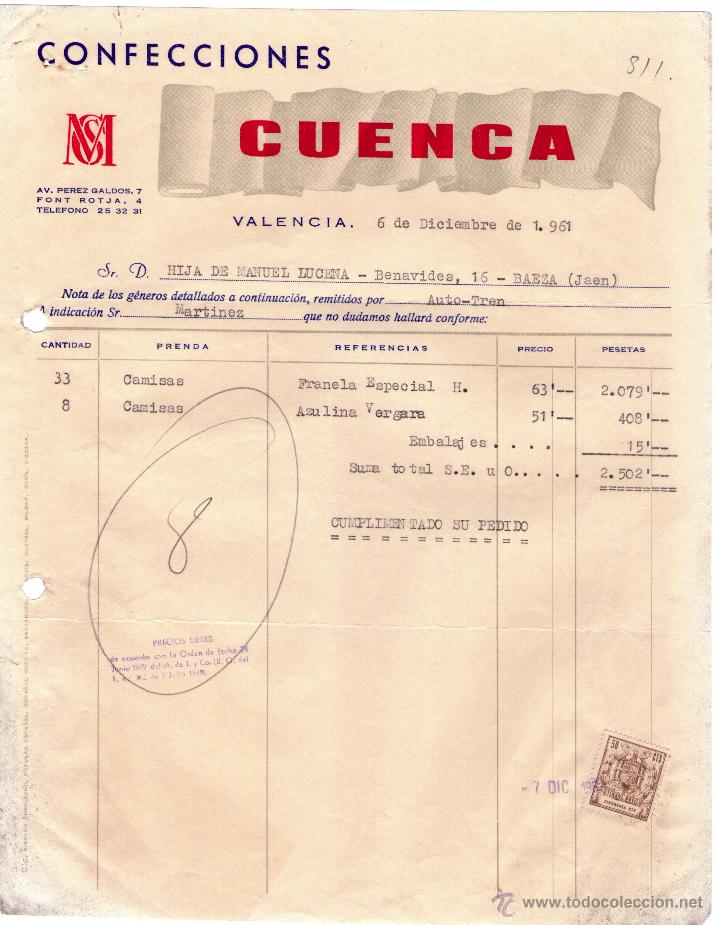 Factures anciennes: FACTURA DE CONFECCIONES CUENCA. VALENCIA. 1961.