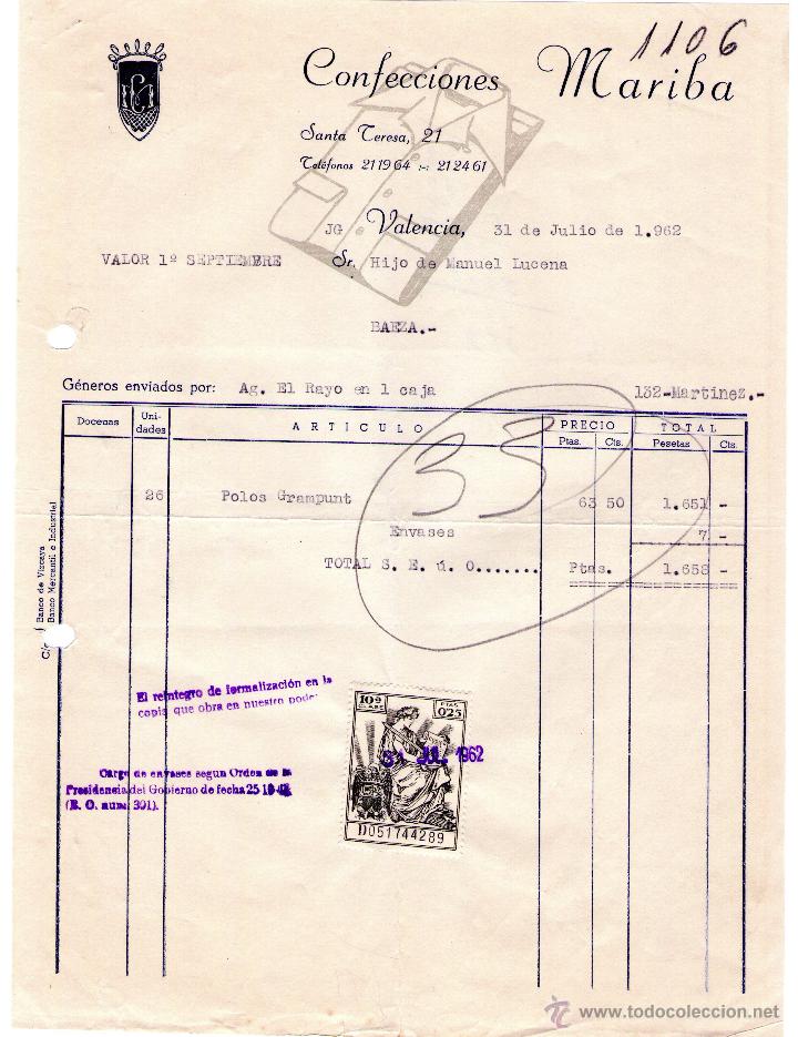 Factures anciennes: FACTURA DE CONFECCIONES MARIBA. VALENCIA. 1962.