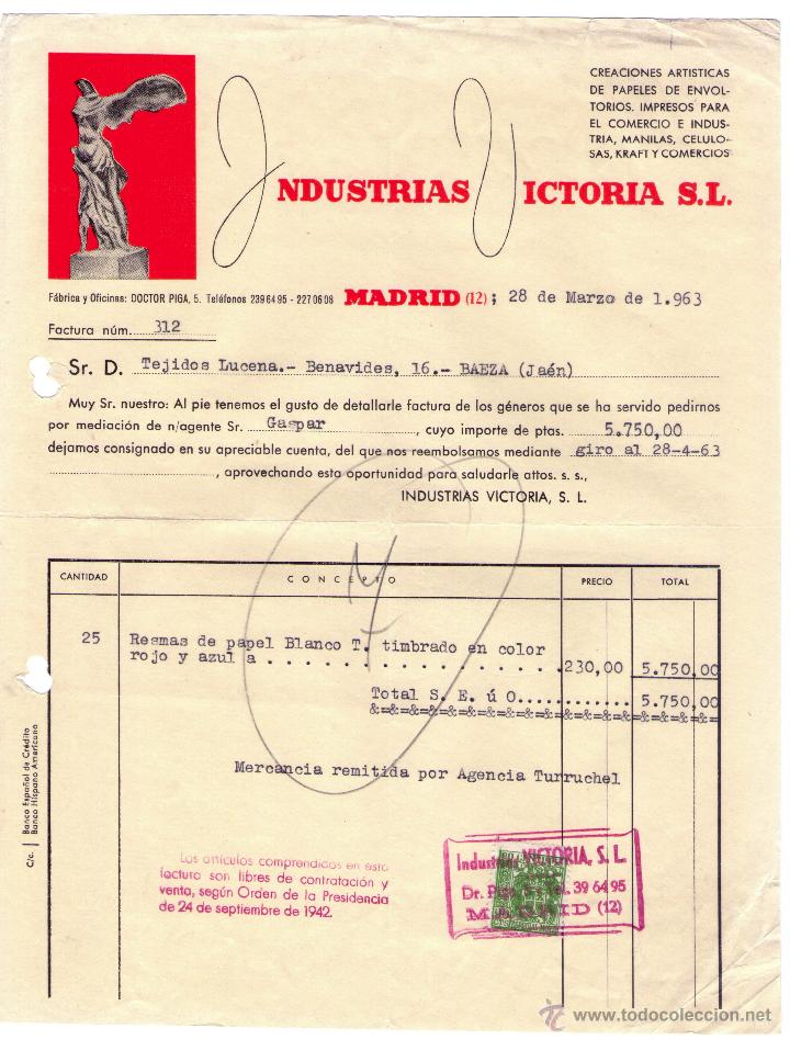 Factures anciennes: FACTURA DE INDUSTRIAS VICTORIA, S.L. CREACIONES ARTISTICAS DE PAPELES DE ENVOLTORIOS... MADRID. 1963