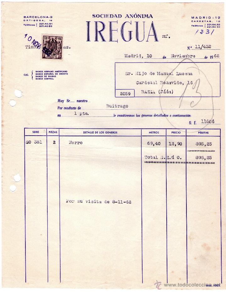 Factures anciennes: FACTURA DE IREGUA, SOCIEDAD AN&Oacute;NIMA. MADRID. 1962.