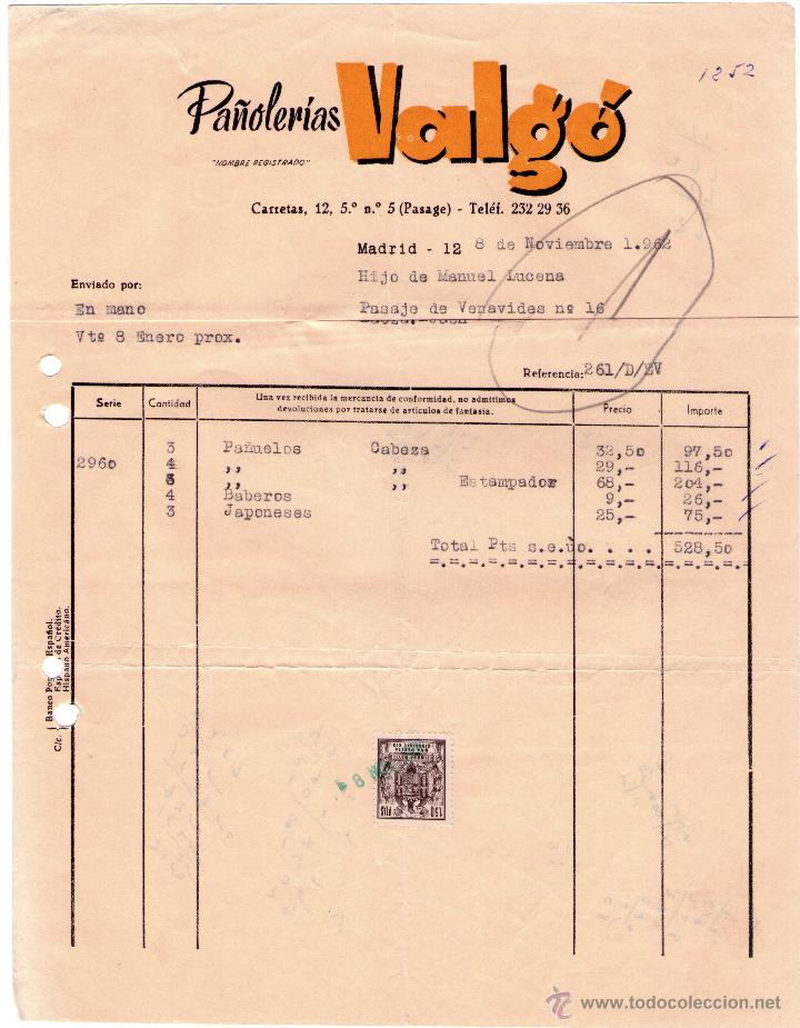 Factures anciennes: FACTURA DE PA&Ntilde;OLER&Iacute;AS VALG&Oacute;. MADRID. 1962.