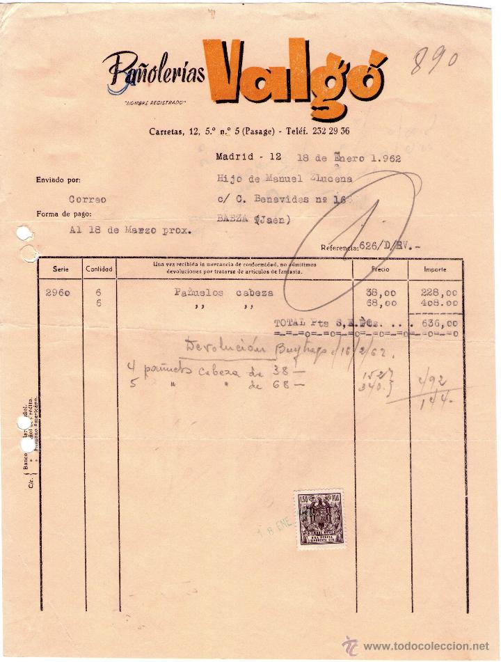 Factures anciennes: FACTURA DE PA&Ntilde;OLER&Iacute;AS VALG&Oacute;. MADRID. 1962.