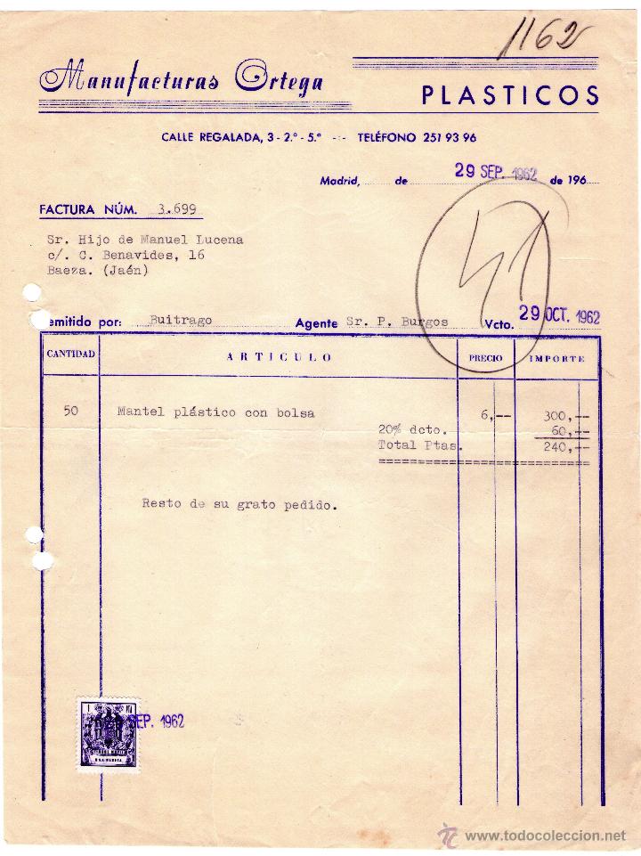 Factures anciennes: FACTURA DE MANUFACTURAS ORTEGA. F&Aacute;BRICA DE PLASTICOS. MADRID. 1962.