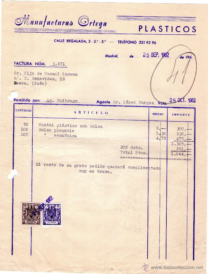 Factures anciennes: FACTURA DE MANUFACTURAS ORTEGA. F&Aacute;BRICA DE PLASTICOS. MADRID. 1962.