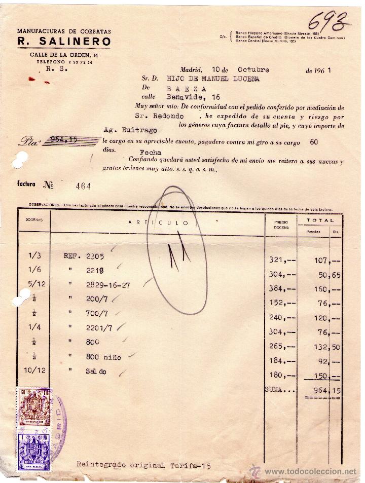 Factures anciennes: FACTURA DE R. SALINERO. MANUFACTURAS DE CORBATAS. MADRID. 1961.