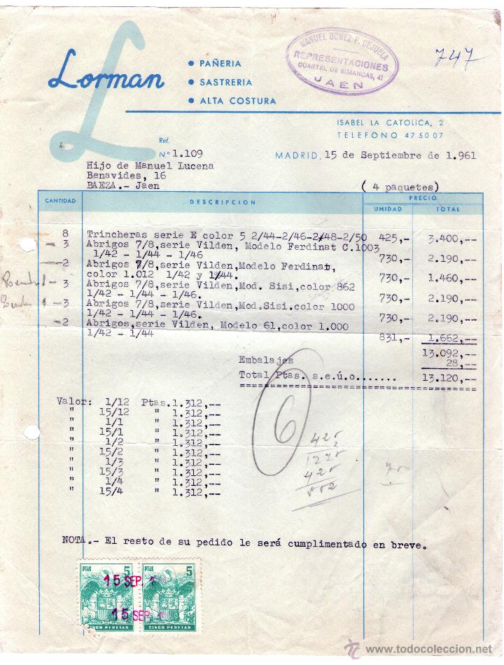 Factures anciennes: FACTURA DE LORMAN. PA&Ntilde;ER&Iacute;A - SASTRER&Iacute;A - ALATA COSTURA. MADRID. 1961.