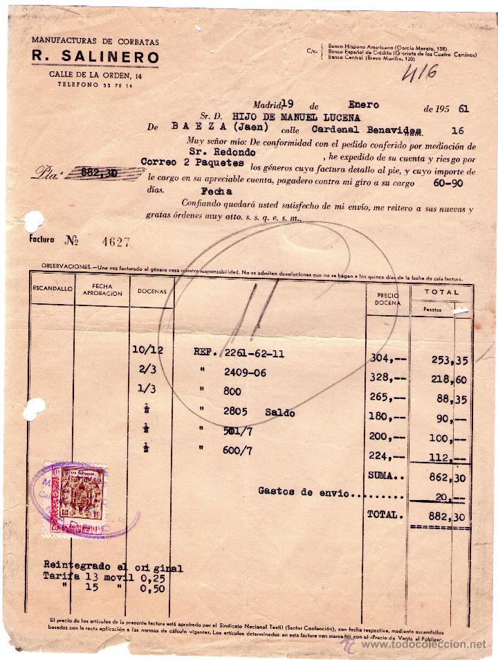 Factures anciennes: FACTURA DE R. SALINERO. MANUFACTURAS DE CORBATAS. MADRID. 1961.