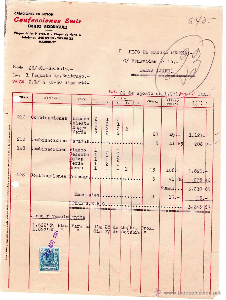 Factures anciennes: FACTURA DE EMILIO RODRIGUEZ. CONFECCIONES EMIR. MADRID. 1961.