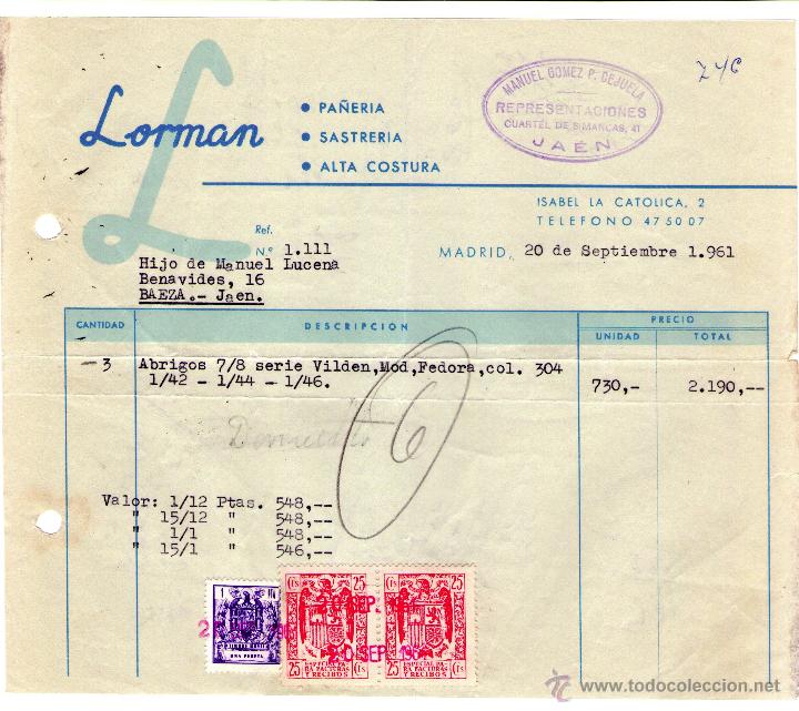 Factures anciennes: FACTURA DE LORMAN. PA&Ntilde;ER&Iacute;A - SASTRER&Iacute;A - ALATA COSTURA. MADRID. 1961.