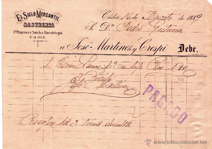Factures anciennes: FACTURA DE JOS&Eacute; MARTINEZ Y CRESPI. SASTRER&Iacute;A. C&Aacute;DIZ. 1889.
