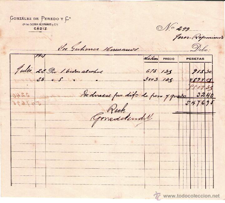 Factures anciennes: FACTURA DE GONZALEZ DE PEREDO Y Ci&ordf;. C&Aacute;DIZ. 1915.
