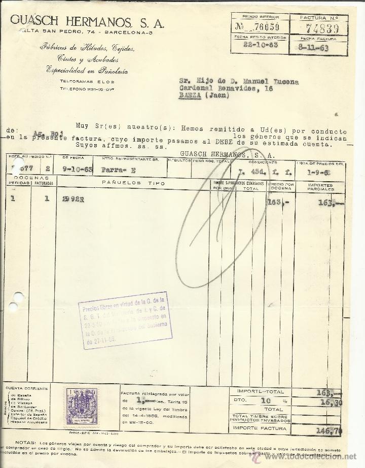 Factures anciennes: FACTURA DE GUASH HERMANOS S.A. HILADOS, TEJIDOS. BARCELONA. 1963