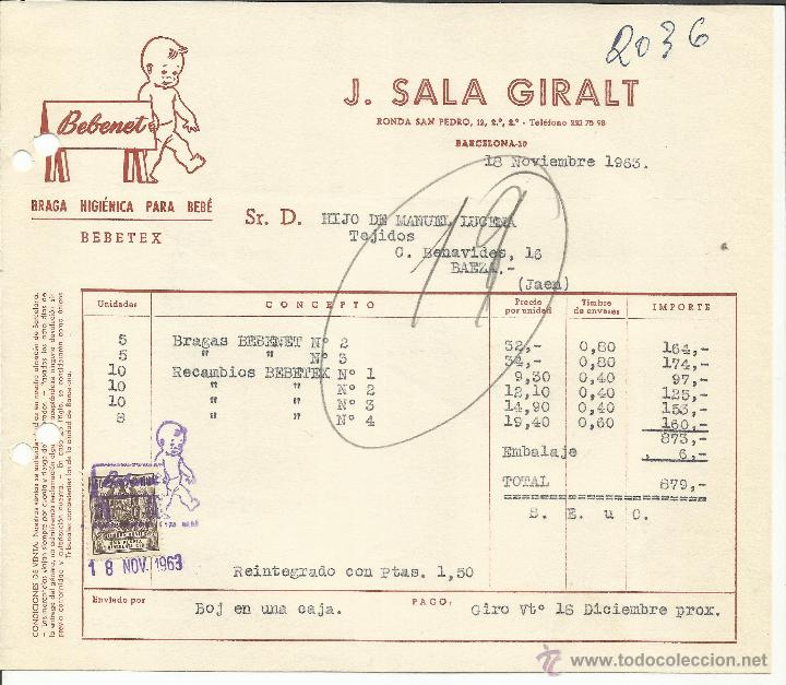 Factures anciennes: FACTURA DE J. SALA GIRALT. BEBENET. BARCELONA. 1963