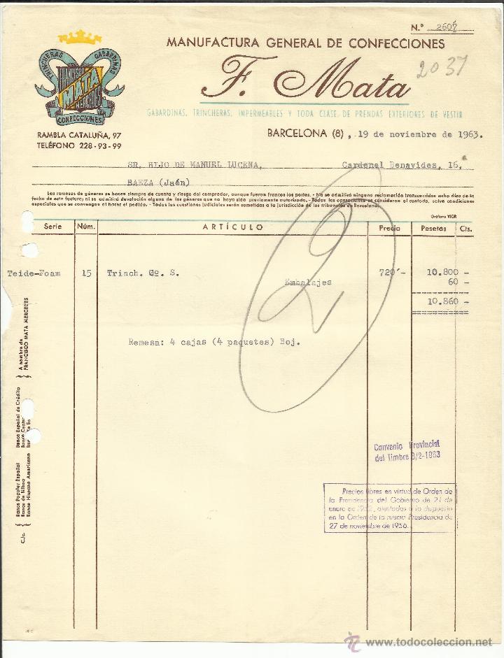 Facturas antiguas: FACTURA DE F. MATA. MANUFACTURA GENERAL DE CONFECCIONES. BARCELONA. 1963