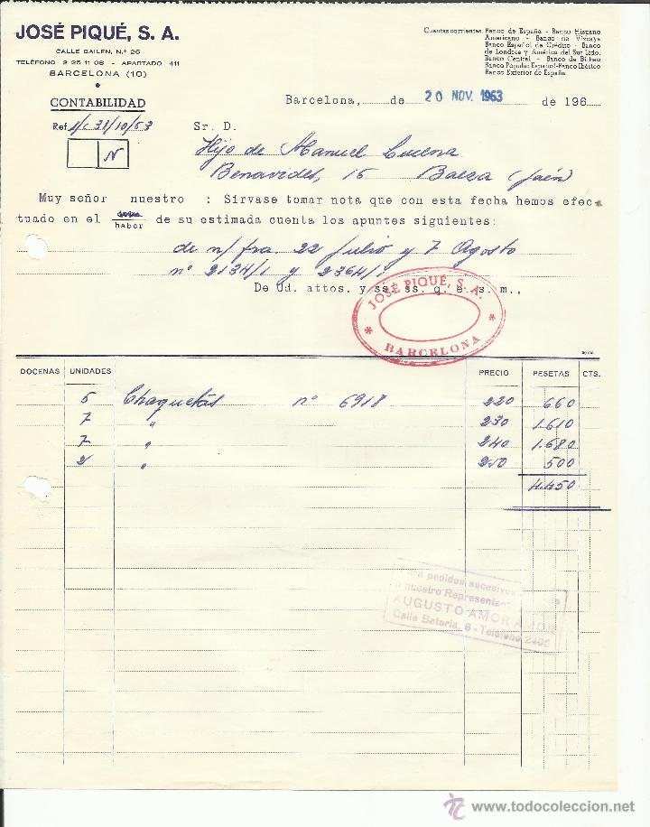 Facturas antiguas: FACTURA DE JOS&Eacute; PIQU&Eacute;, S.A. BARCELONA. 1963