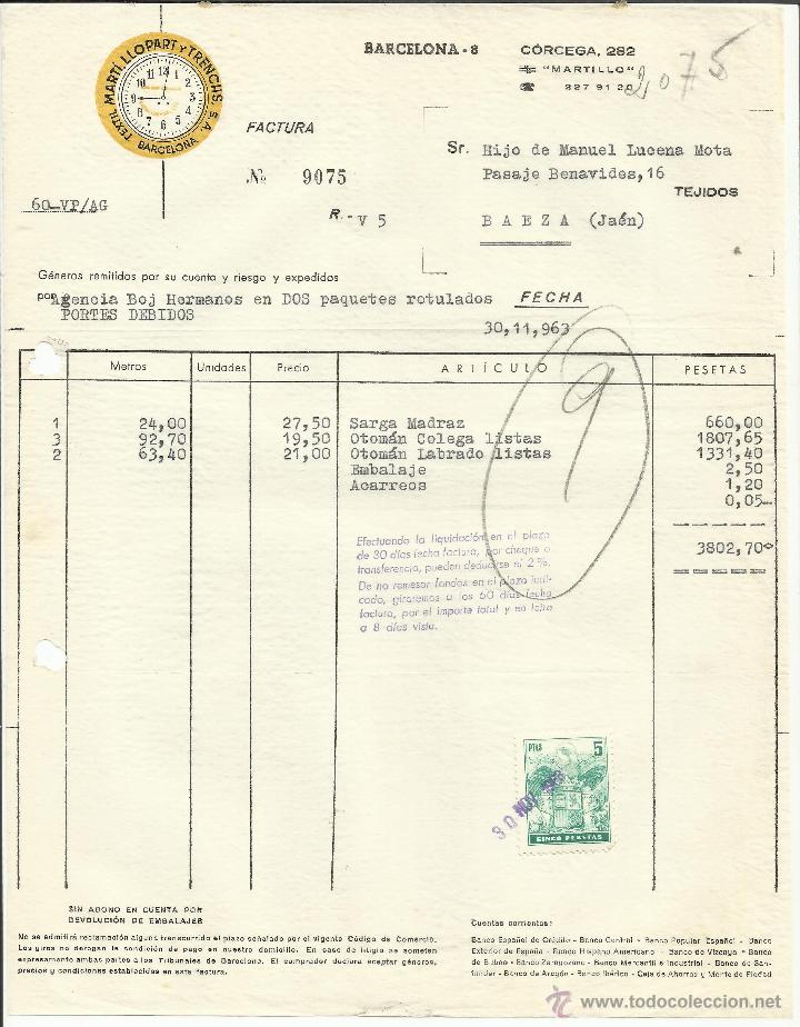 Facturas antiguas: FACTURA DE MART&Iacute;, LLOPARTA Y TRENCHS TEXTIL. BARCELONA. 1963