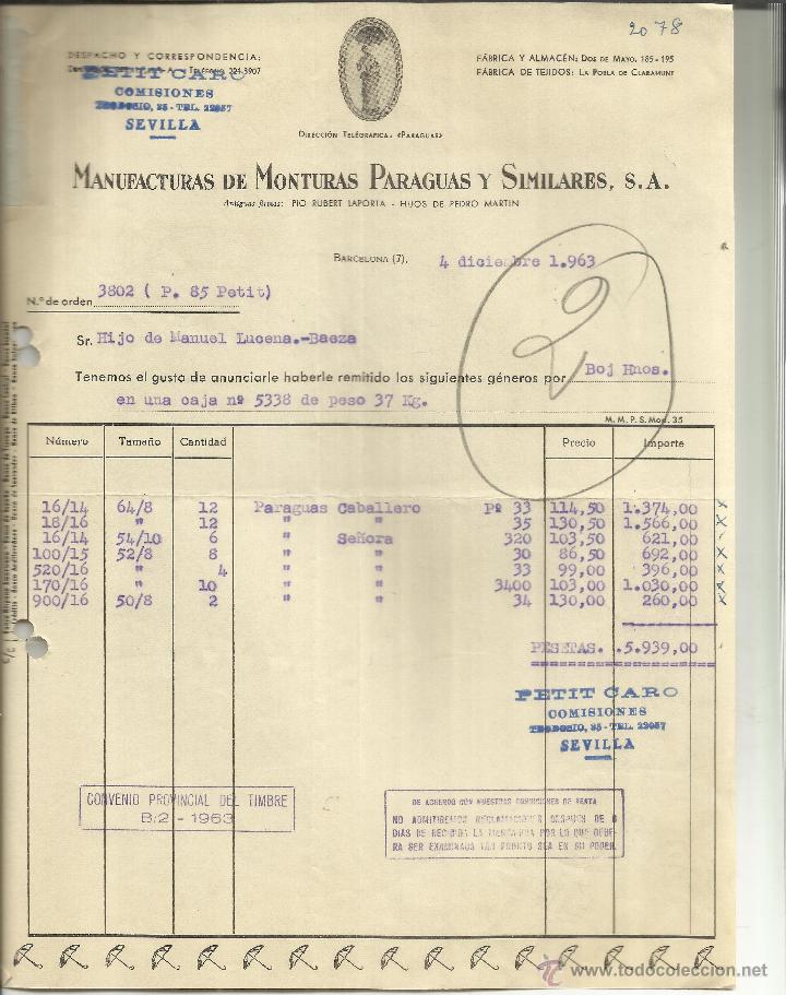 Facturas antiguas: FACTURA DE MANUFACTURAS DE MONTURAS PARAGUAS Y SIMILARES, S.A. BARCELONA. 1963