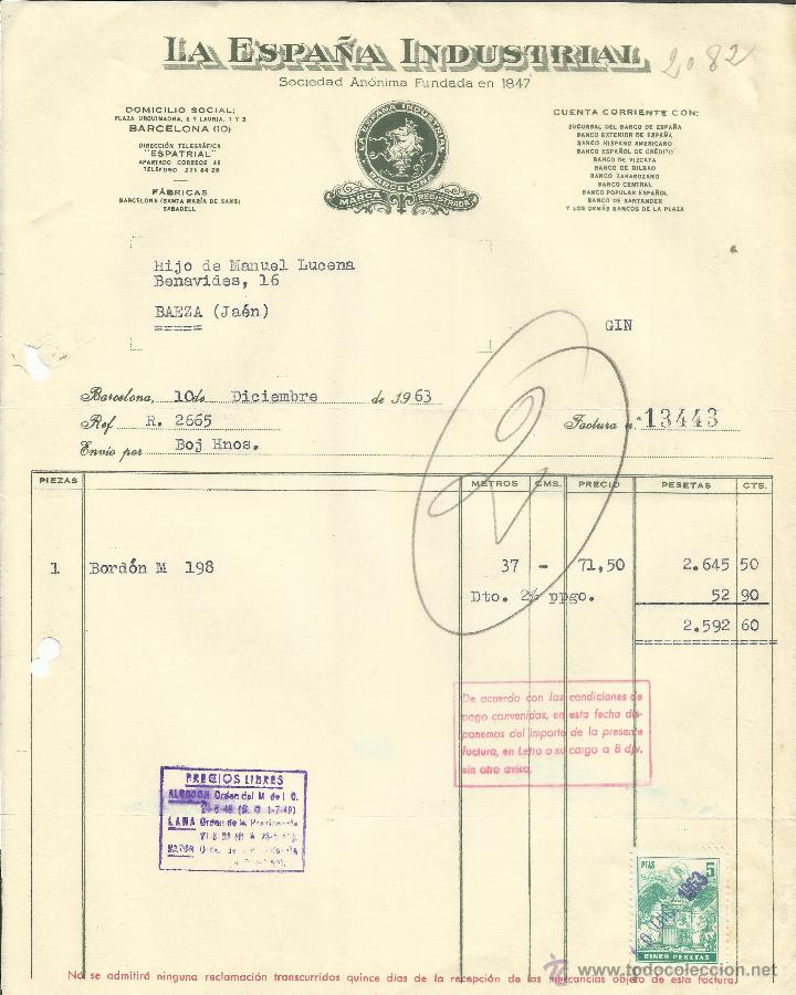 Facturas antiguas: FACTURA DE LA ESPA&Ntilde;A INDUSTRIAL. BARCELONA. 1963