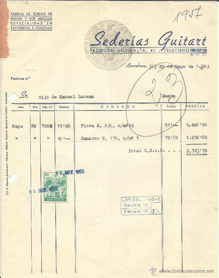 Factures anciennes: FACTURA DE SEDER&Iacute;AS GUITART. TEJIDOS DE RAYON. BARCELONA. 1963